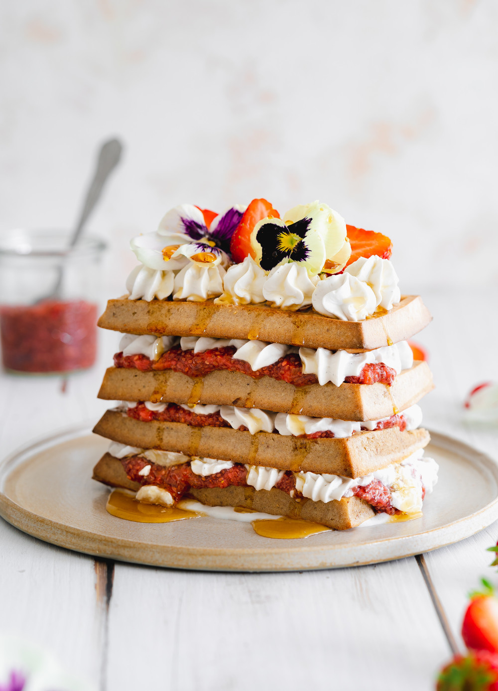 Baked Waffles with Strawberries and Cream