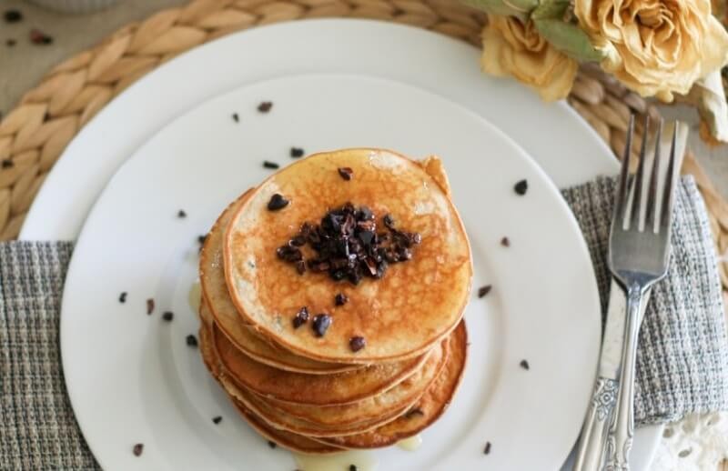 Vegan Pancakes with Coconut Sugar Coated Cacao Nibs
