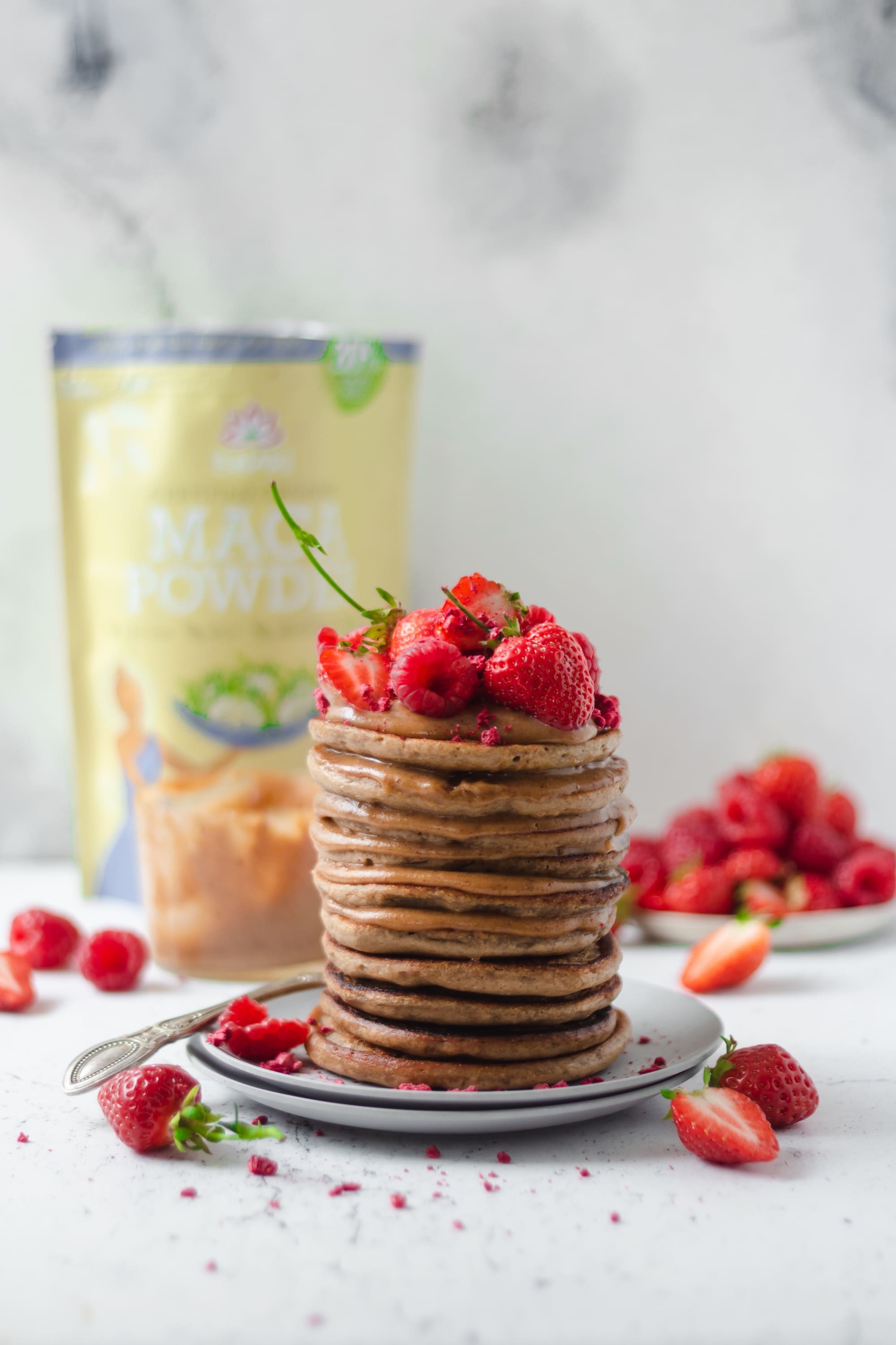 Oaty Maca Vanilla Pancakes With Almond Caramel & Fresh Berries